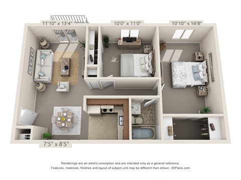 This is a 3D floor plan of a 724 square foot 2 bedroom apartment  at Aspen Village, Ohio, 45238
